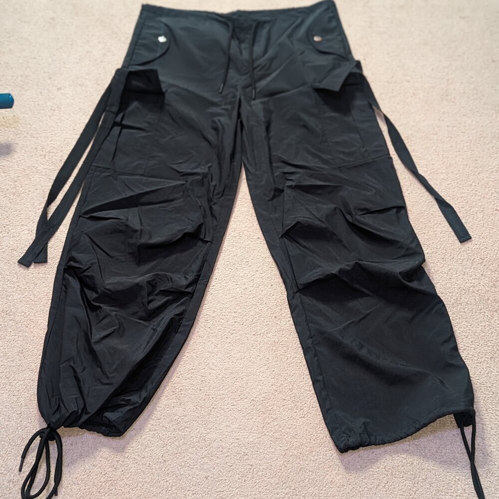 Ladies black cargo parachute pants
